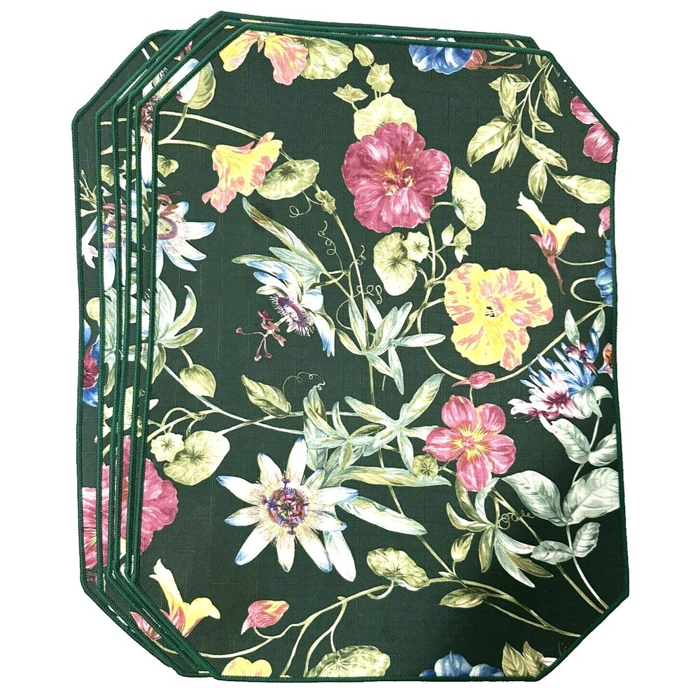 Floral Pattern Set of 6 Fabric Cloth Placemats Dark Green Back NWOT 17 x 13 in